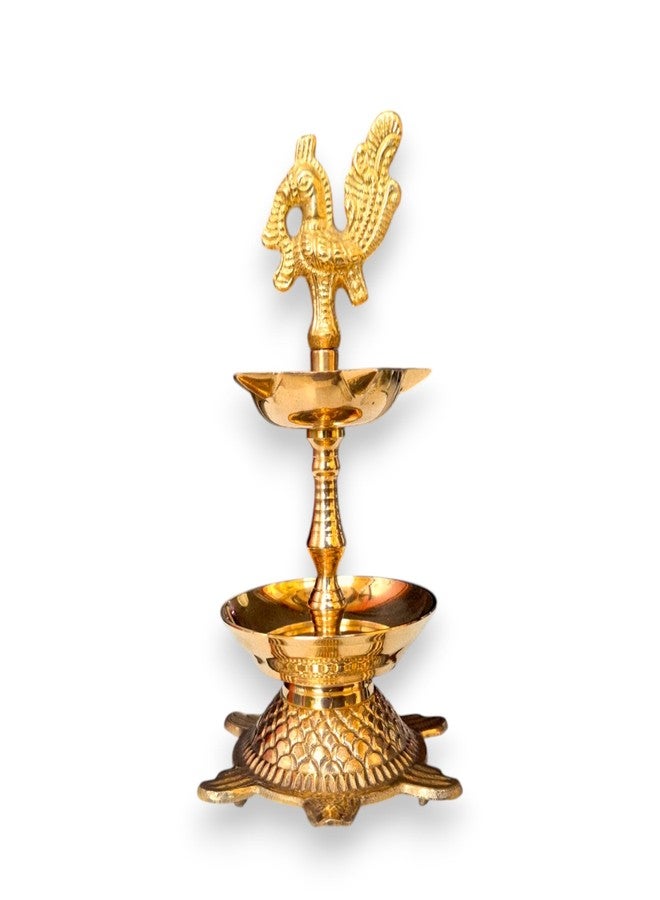 RAISOM Kerala Brass Peacock Head Tortoise Panchmukhi Diya for Pooja with Flower Holder | Small Size Kachua Kuthu Vilakku, Good Luck Diya for Home, Office & Gifting | 6 Inches, 275 Grams - Image 1